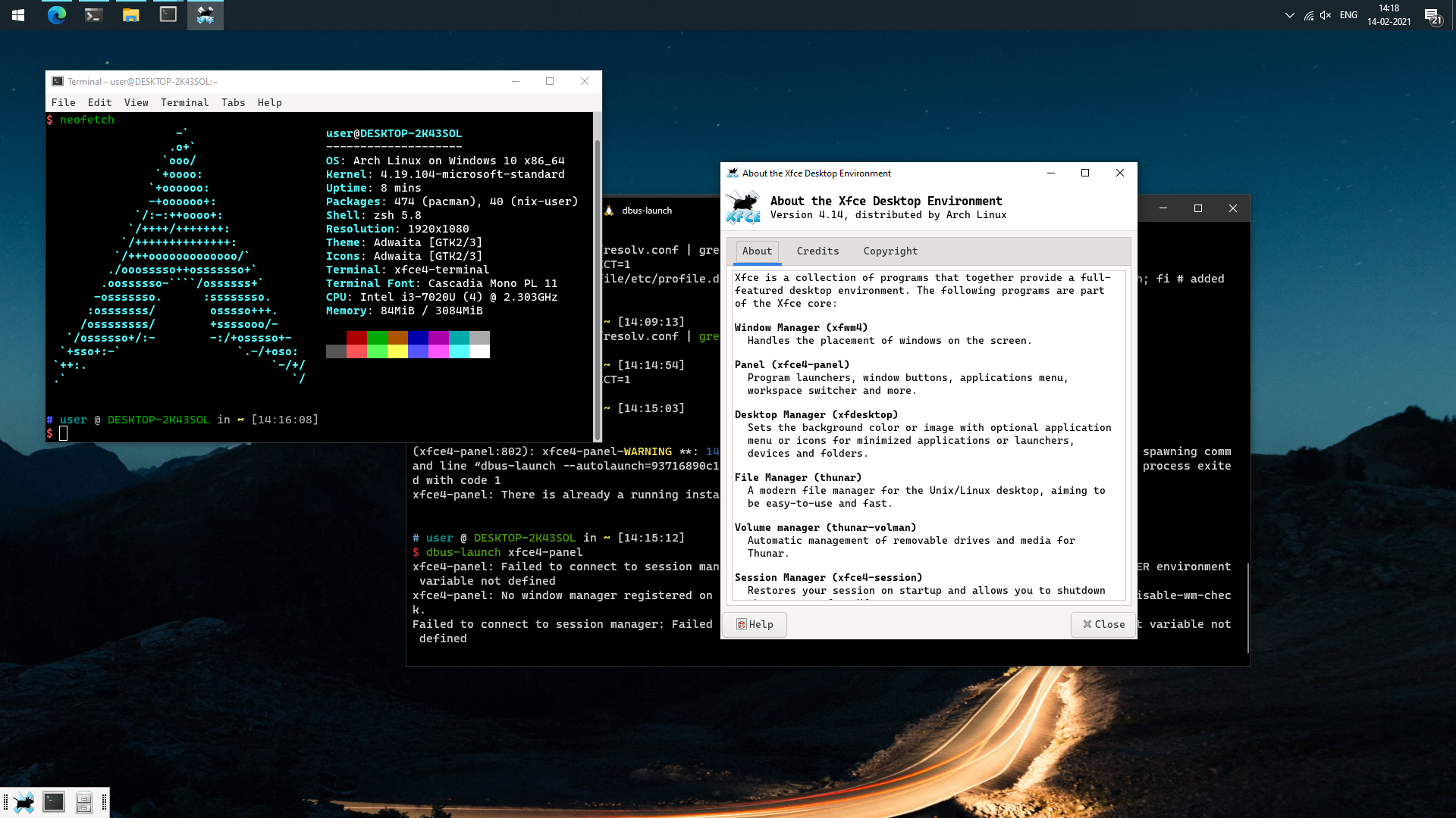 Screenshot of Arch WSL window with message Installation Complete
