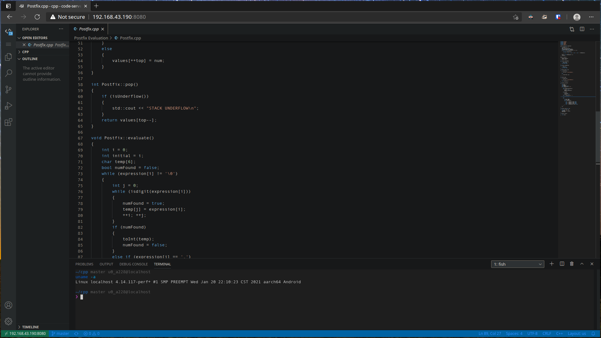 Screenshot of code-server running on a tablet