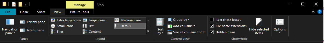 Screenshot of View tab where File name externsions box is checked