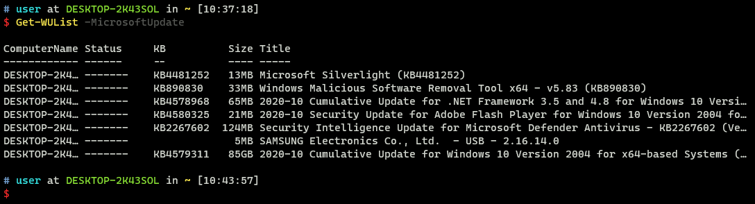 Screenshot of the above command in action displaying a list of various updates