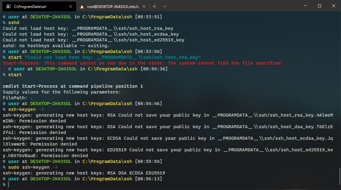 Screenshot of sudo in action. It cannot geenrate ssh keys as a normal user but prepending sudo gets the job done.