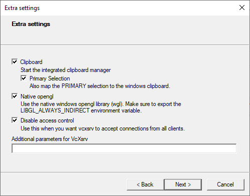 Screenshot of VcXsrv extra settings. All checkboxes are ticked