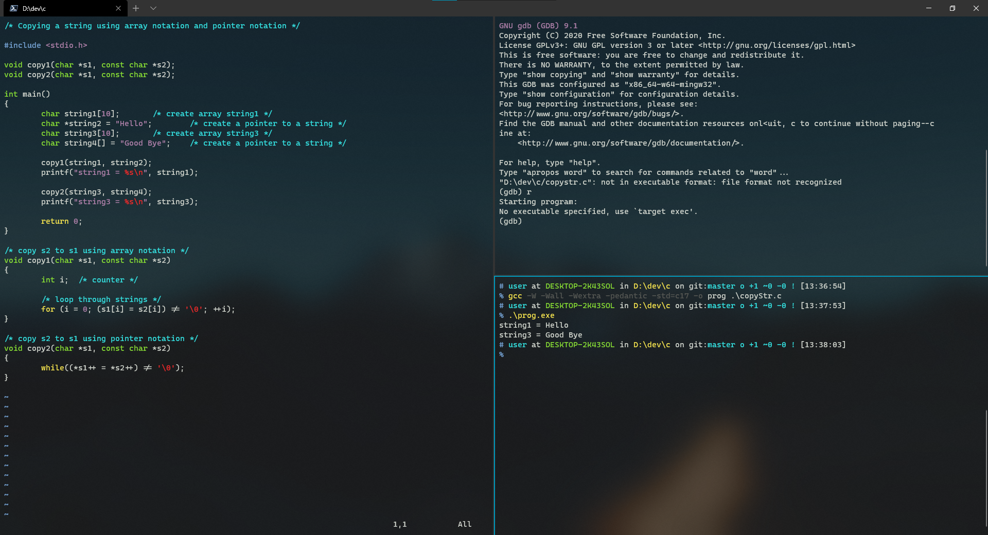 Screenshot of Windows Terminal with three split sessions, one on left and two on right